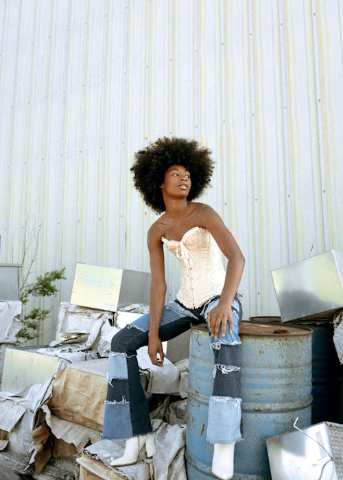 Free African American Fashion Woman Wearing Patchwork Jeans and Corset Stock Photo