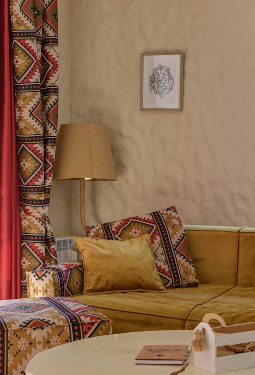 Free Beige and Red Interior with Geometric Textile  Stock Photo